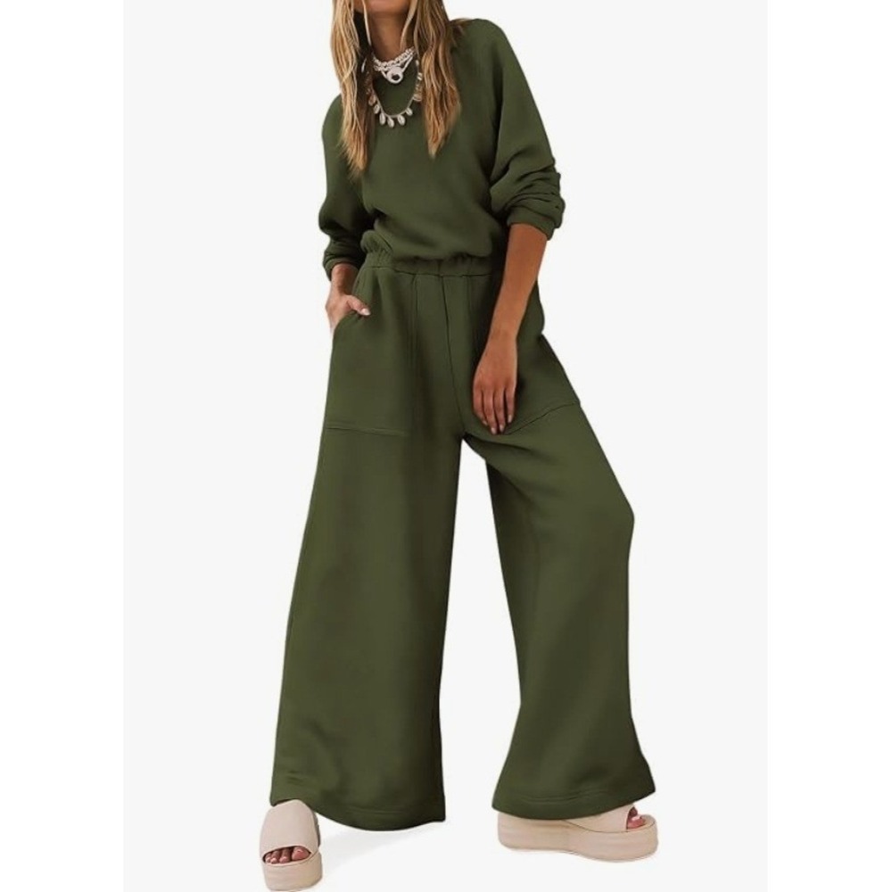 Yousify Womens Olive Green Wide Leg Jumpsuit Deep V Back Long Sleeve NWT Size S
